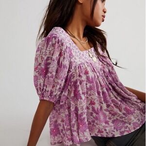 Spell Mossy Short Sleeve Blouse Purple Floral Boho‎ Babydoll Top XS Cottagecore